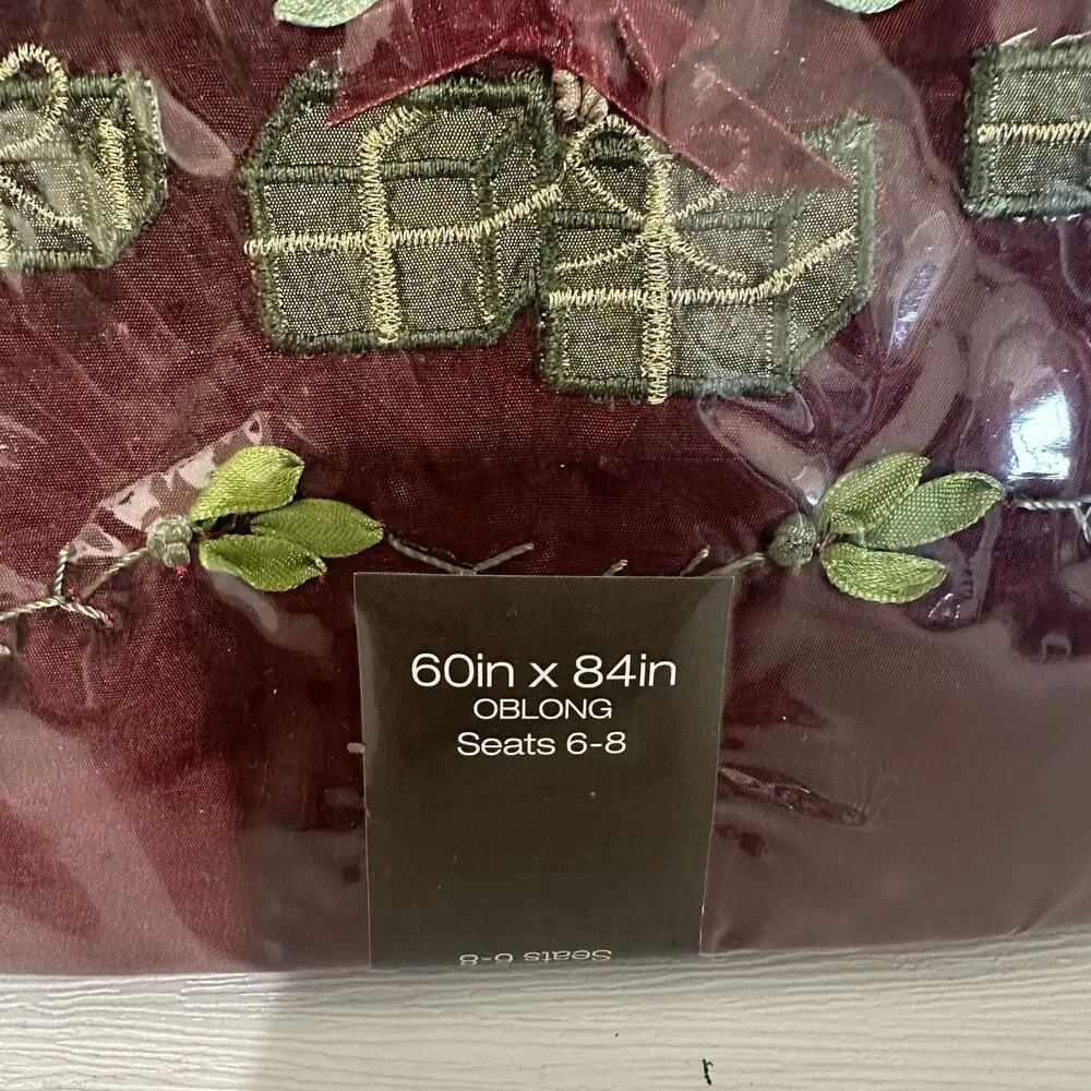 Bed Bath & Beyond Christmas Tree Ribbon Tablecloth Oblong 60x84 Burgundy NWT